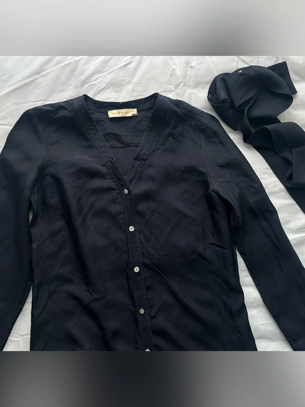 Tory Burch Navy Silk Long-Sleeve Blouse with Neck Tie size 0